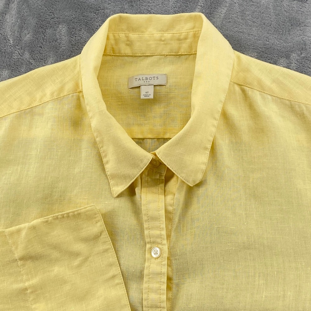 Talbots Womens Size 12 Yellow 100% Linen Button Down 3/4 Sleeve Shirt Classic